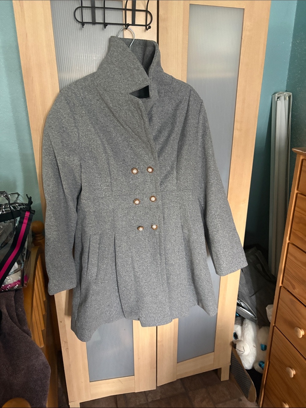 Women's Grey Double-Breasted Pea Coat with High Collar